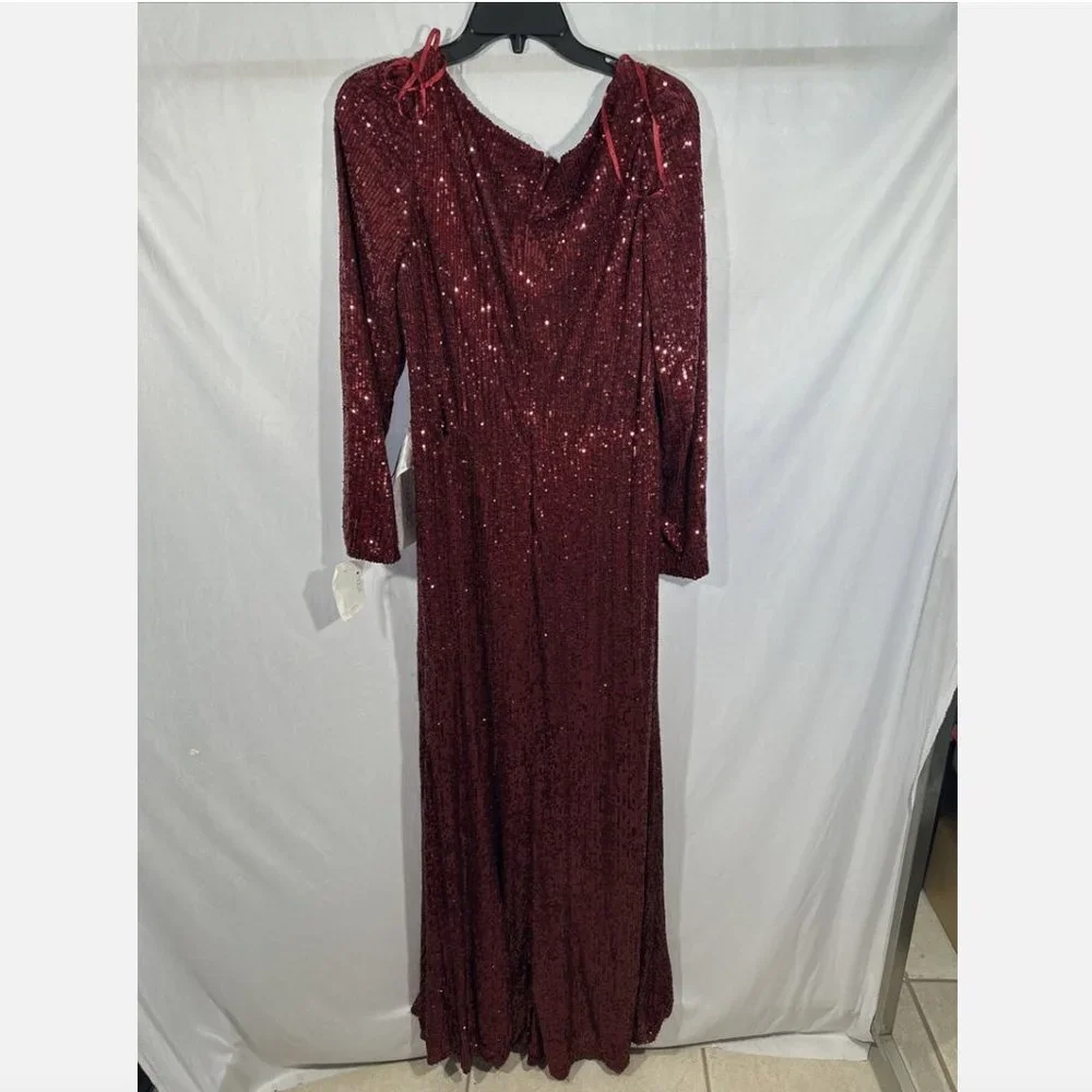 NEW $398 IEENA Mac‎ Duggal [ 16 ] Sequin Wrap Evening Gown in Wine Red #Q480